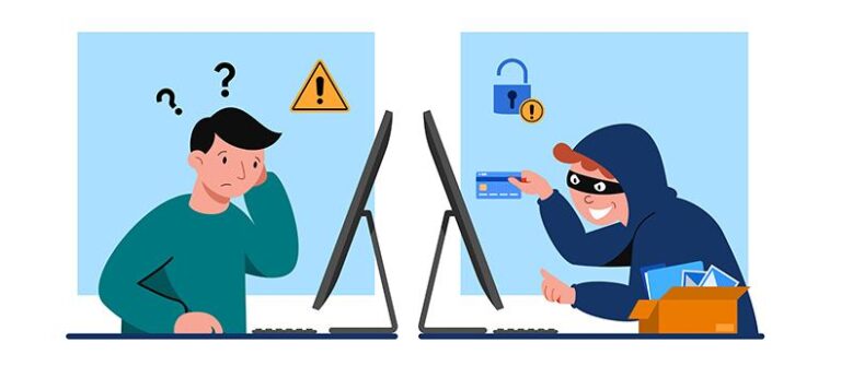 Ilustración de estafa online y robo de datos, relacionada con protección de reputación digital.