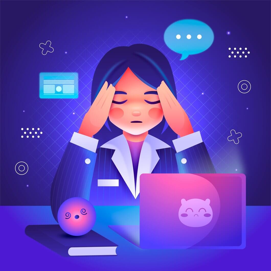 Ilustración de una persona estresada frente a una computadora por problemas digitales.