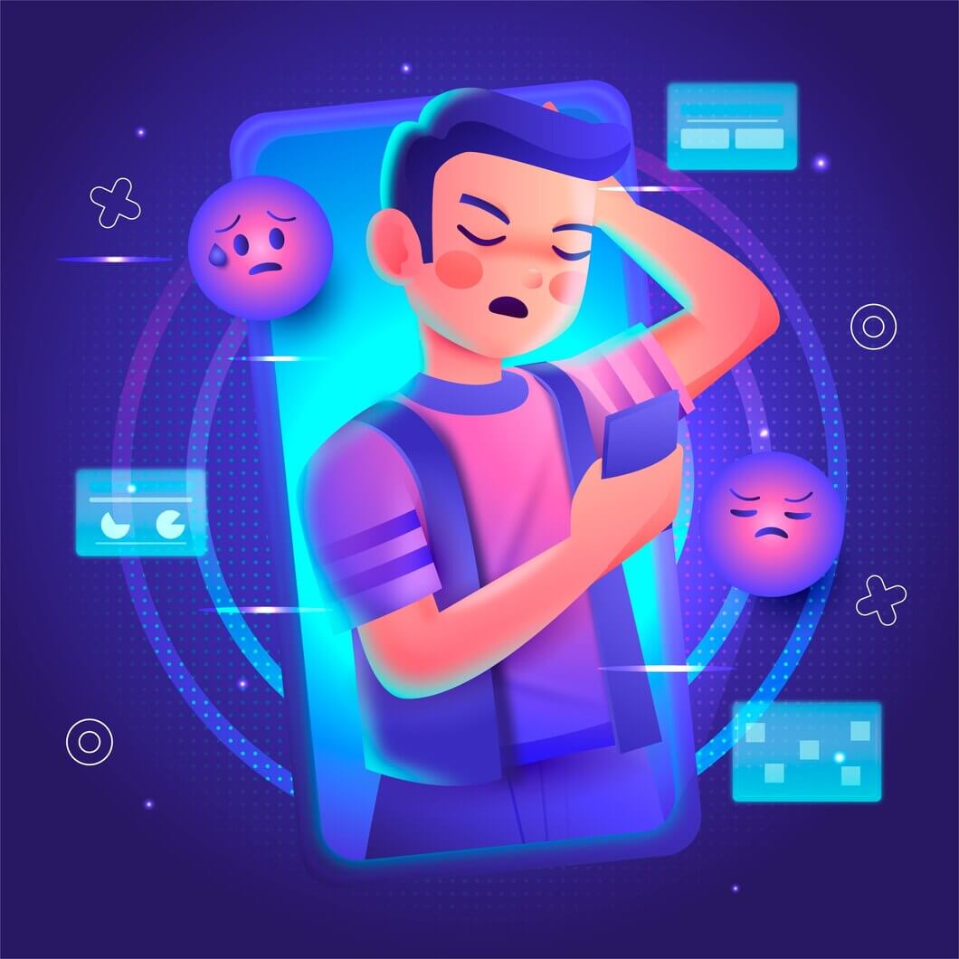 Ilustración de una persona preocupada al leer mensajes negativos en su teléfono.