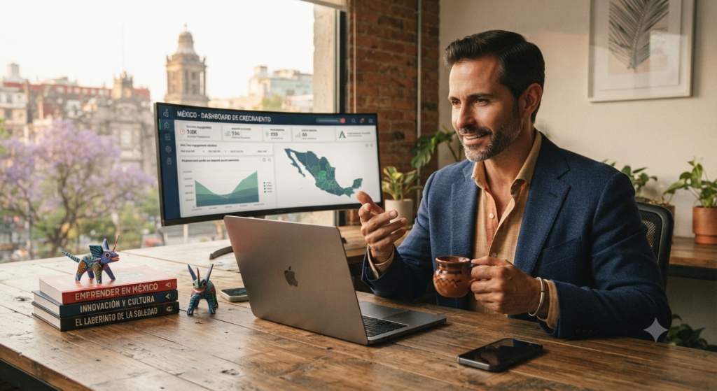 Empresario mexicano trabajando en su oficina con monitor de crecimiento, café y alebrijes