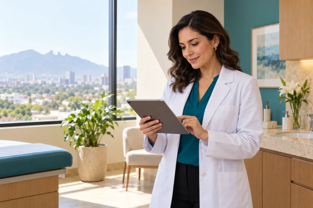 Médica revisa conversaciones y datos digitales en una tableta en su consultorio