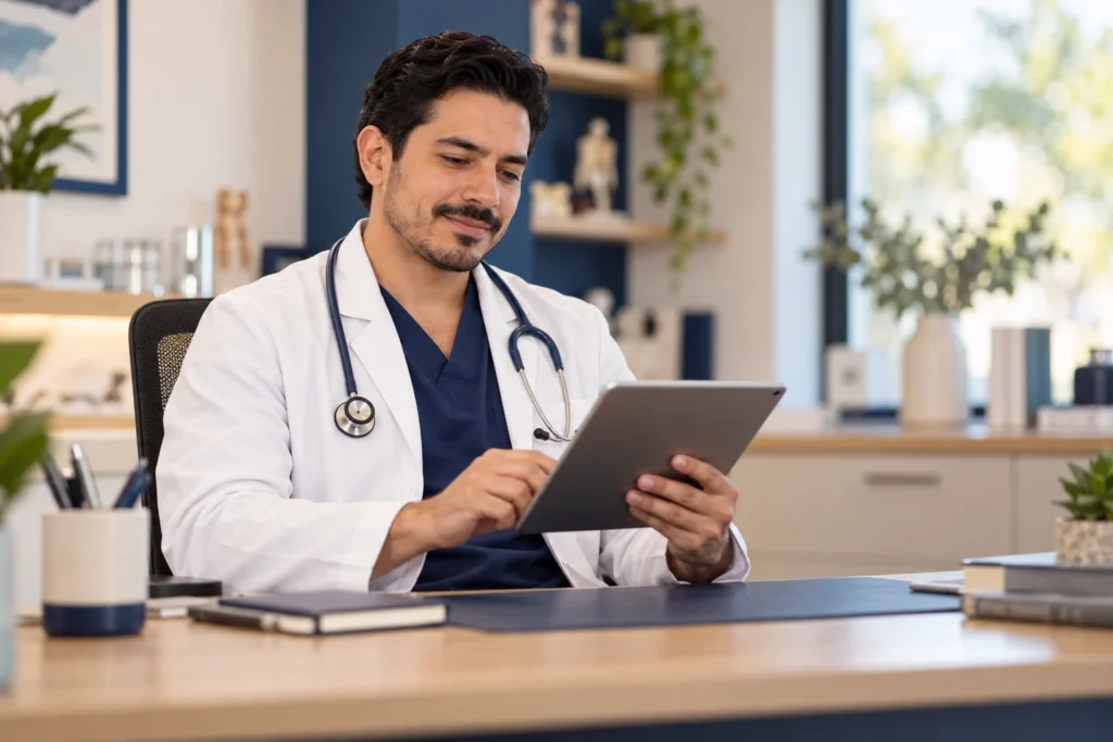 Médico mexicano consulta información digital y reseñas desde una tableta