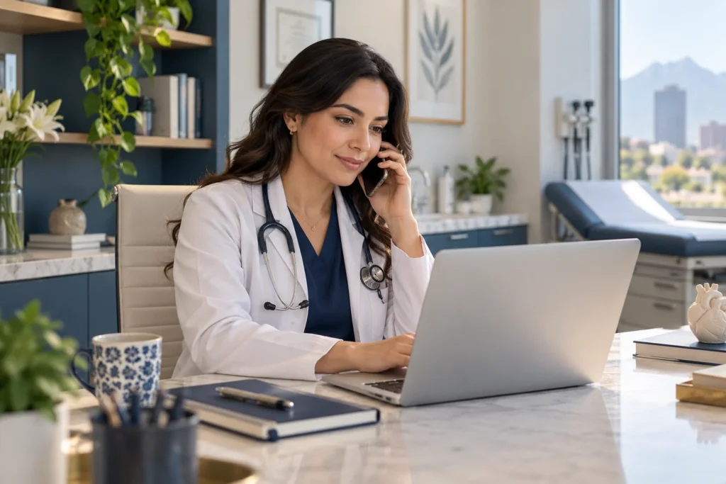 Médica mexicana revisa información digital en una computadora en su consultorio
