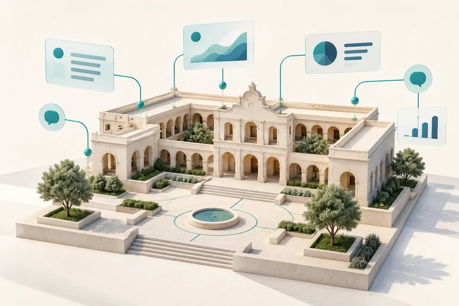 Ilustración de una institución pública conectada con fuentes de información y conversaciones digitales