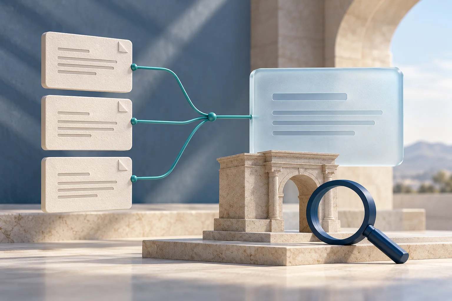 Ilustración de fuentes documentales conectadas con una respuesta de inteligencia artificial y verificación institucional