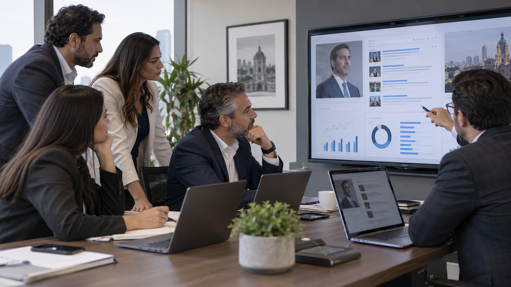 Equipo profesional revisa la reputación digital de un candidato ficticio antes de una campaña