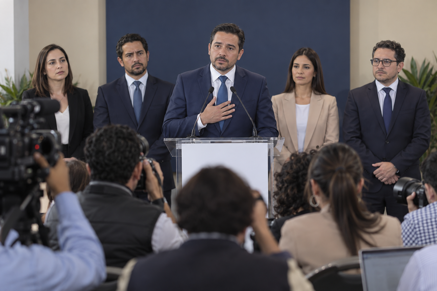 Figura pública ficticia responde ante periodistas durante una crisis de reputación